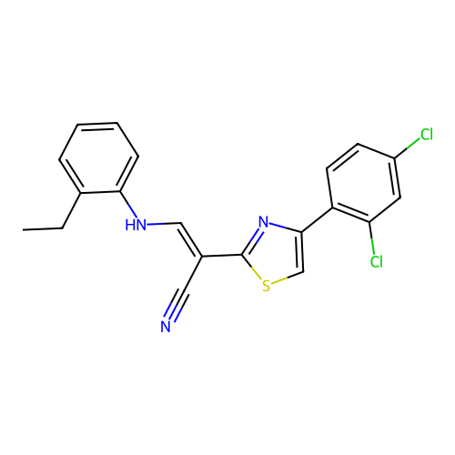 (E)-2-(4-(2,4-dichlorophenyl)thiazol-2-yl)-3-((2-ethylphenyl)amino)acrylonitrile structure