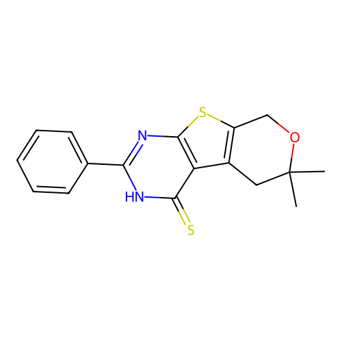 6,6-dimethyl-2-phenyl-5,8-dihydro-6H-pyrano[4',3':4,5]thieno[2,3-d]pyrimidine-4-thiol structure