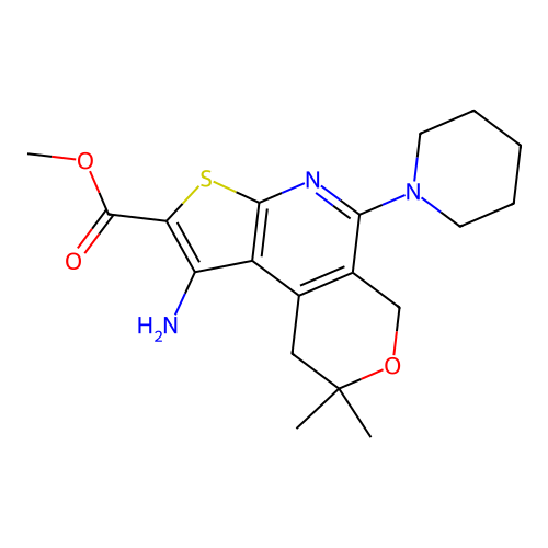 methyl 1-amino-8,8-dimethyl-5-(piperidin-1-yl)-8,9-dihydro-6H-pyrano[4,3-d]thieno[2,3-b]pyridine-2-carboxylate structure
