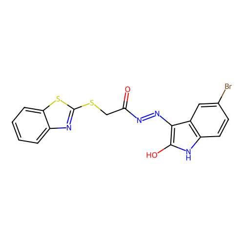 2-benzothiazol-2-ylsulfanyl-N'-(5-bromo-2-oxo-indol-3-yl)acetohydrazide structure