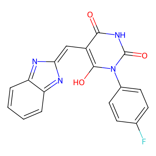 Pyrimidine-2,4,6-trione, 5-(1H-benzoimidazol-2-ylmethylene)-1-(4-fluorophenyl)- structure