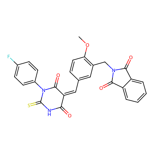 (Z)-2-(5-((1-(4-fluorophenyl)-4,6-dioxo-2-thioxotetrahydropyrimidin-5(2H)-ylidene)methyl)-2-methoxybenzyl)isoindoline-1,3-dione structure