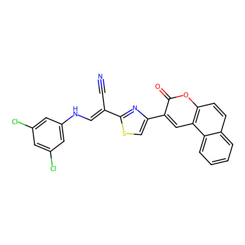 (2E)-3-[(3,5-dichlorophenyl)amino]-2-[4-(3-oxo-3H-benzo[f]chromen-2-yl)-1,3-thiazol-2-yl]prop-2-enenitrile structure