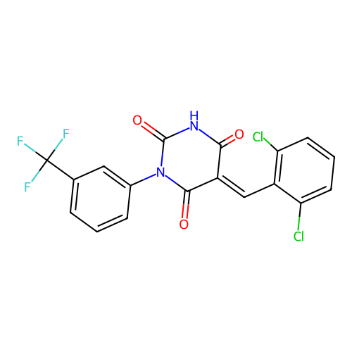 (5E)-5-(2,6-dichlorobenzylidene)-1-[3-(trifluoromethyl)phenyl]pyrimidine-2,4,6(1H,3H,5H)-trione structure