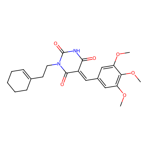 (E)-1-(2-(cyclohex-1-en-1-yl)ethyl)-5-(3,4,5-trimethoxybenzylidene)pyrimidine-2,4,6(1H,3H,5H)-trione structure