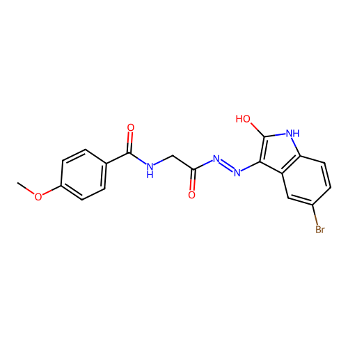 (E)-N-(2-(2-(5-bromo-2-oxoindolin-3-ylidene)hydrazinyl)-2-oxoethyl)-4-methoxybenzamide structure