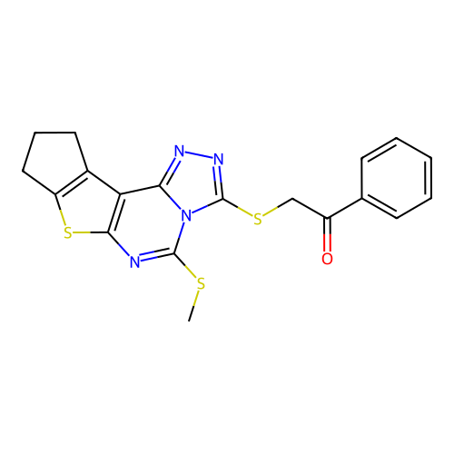 2-((5-(methylthio)-9,10-dihydro-8H-cyclopenta[4,5]thieno[3,2-e][1,2,4]triazolo[4,3-c]pyrimidin-3-yl)thio)-1-phenylethanone structure