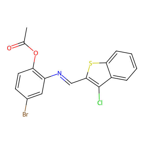 4-bromo-2-{[(E)-(3-chloro-1-benzothiophen-2-yl)methylidene]amino}phenyl acetate structure