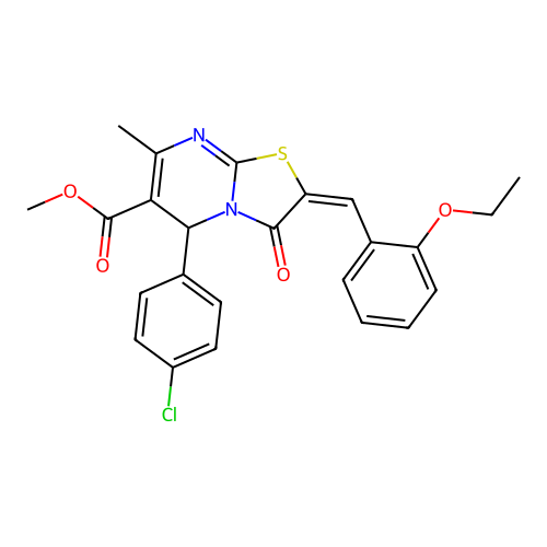 (E)-methyl 5-(4-chlorophenyl)-2-(2-ethoxybenzylidene)-7-methyl-3-oxo-3,5-dihydro-2H-thiazolo[3,2-a]pyrimidine-6-carboxylate structure