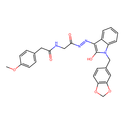 (Z)-N-(2-(2-(1-(benzo[d][1,3]dioxol-5-ylmethyl)-2-oxoindolin-3-ylidene)hydrazinyl)-2-oxoethyl)-2-(4-methoxyphenyl)acetamide structure
