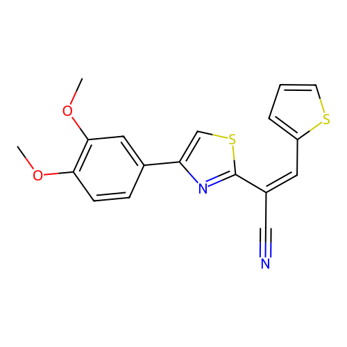 (Z)-2-(4-(3,4-dimethoxyphenyl)thiazol-2-yl)-3-(thiophen-2-yl)acrylonitrile structure