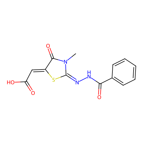 [2-(benzoylhydrazono)-3-methyl-4-oxo-1,3-thiazolidin-5-ylidene]acetic acid structure