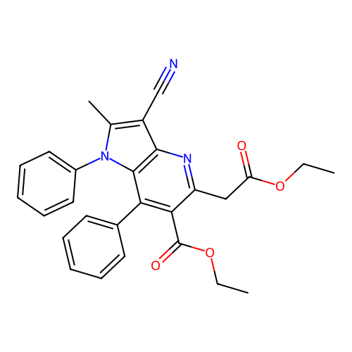 ethyl 3-cyano-5-(2-ethoxy-2-oxoethyl)-2-methyl-1,7-diphenyl-1H-pyrrolo[3,2-b]pyridine-6-carboxylate structure