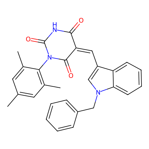 (Z)-5-((1-benzyl-1H-indol-3-yl)methylene)-1-mesitylpyrimidine-2,4,6(1H,3H,5H)-trione structure