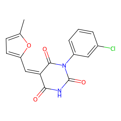(5Z)-1-(3-chlorophenyl)-5-[(5-methylfuran-2-yl)methylidene]-1,3-diazinane-2,4,6-trione structure