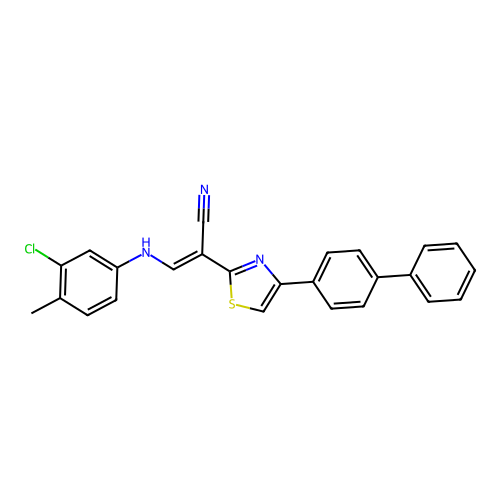 (2E)-2-[4-(biphenyl-4-yl)-1,3-thiazol-2-yl]-3-[(3-chloro-4-methylphenyl)amino]prop-2-enenitrile structure