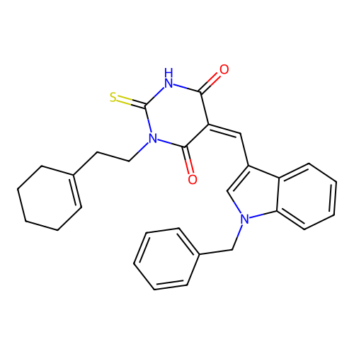 (5Z)-5-[(1-benzyl-1H-indol-3-yl)methylidene]-1-[2-(cyclohex-1-en-1-yl)ethyl]-2-sulfanylpyrimidine-4,6(1H,5H)-dione structure