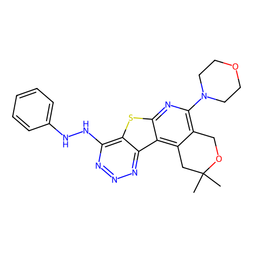 2,2-dimethyl-5-(morpholin-4-yl)-8-(2-phenylhydrazinyl)-1,4-dihydro-2H-pyrano[4'',3'':4',5']pyrido[3',2':4,5]thieno[3,2-d][1,2,3]triazine structure