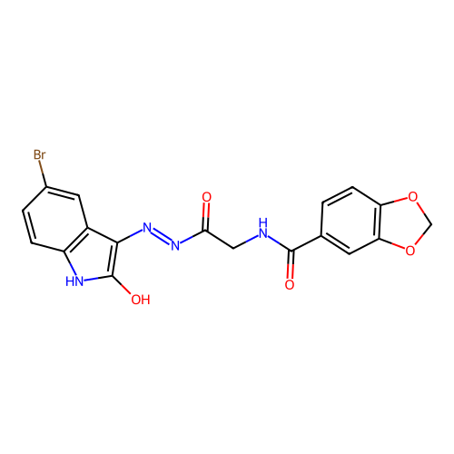 N-[[(5-bromo-2-oxo-indol-3-yl)amino]carbamoylmethyl]benzo[1,3]dioxole-5-carboxamide structure