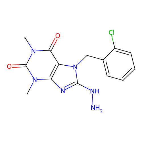 7-(2-chlorobenzyl)-8-hydrazinyl-1,3-dimethyl-3,7-dihydro-1H-purine-2,6-dione structure