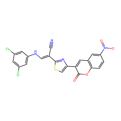 (2E)-3-[(3,5-dichlorophenyl)amino]-2-[4-(6-nitro-2-oxo-2H-chromen-3-yl)-1,3-thiazol-2-yl]prop-2-enenitrile structure