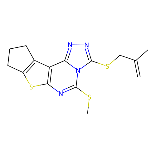 3-((2-methylallyl)thio)-5-(methylthio)-9,10-dihydro-8H-cyclopenta[4,5]thieno[3,2-e][1,2,4]triazolo[4,3-c]pyrimidine structure