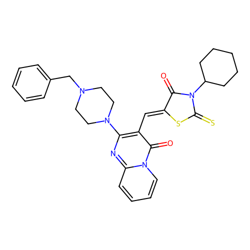 2-(4-benzylpiperazin-1-yl)-3-[(Z)-(3-cyclohexyl-4-oxo-2-thioxo-1,3-thiazolidin-5-ylidene)methyl]-4H-pyrido[1,2-a]pyrimidin-4-one structure