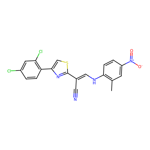 (E)-2-(4-(2,4-dichlorophenyl)thiazol-2-yl)-3-((2-methyl-4-nitrophenyl)amino)acrylonitrile structure