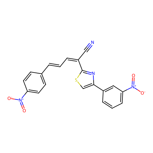(2Z,4E)-5-(4-nitrophenyl)-2-[4-(3-nitrophenyl)-1,3-thiazol-2-yl]penta-2,4-dienenitrile structure