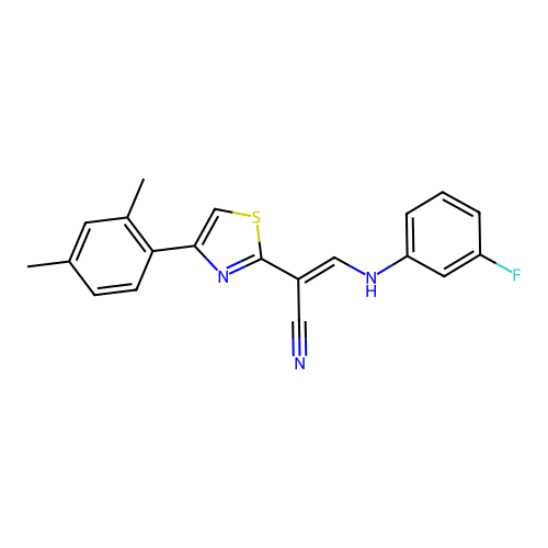 (E)-2-(4-(2,4-dimethylphenyl)thiazol-2-yl)-3-((3-fluorophenyl)amino)acrylonitrile structure