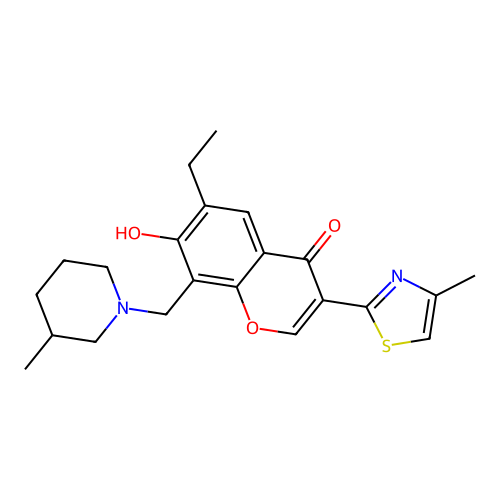 6-ethyl-7-hydroxy-8-((3-methylpiperidin-1-yl)methyl)-3-(4-methylthiazol-2-yl)-4H-chromen-4-one structure
