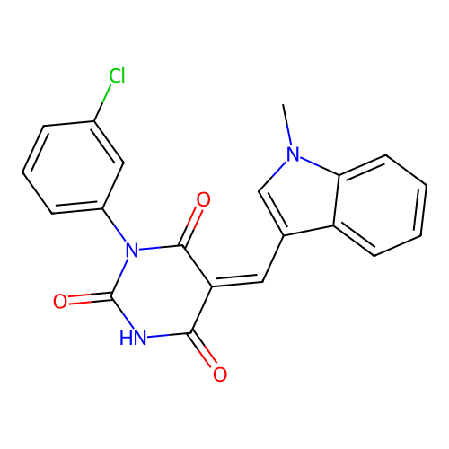 (Z)-1-(3-chlorophenyl)-5-((1-methyl-1H-indol-3-yl)methylene)pyrimidine-2,4,6(1H,3H,5H)-trione structure