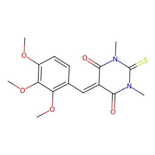 1,3-dimethyl-2-thioxo-5-(2,3,4-trimethoxybenzylidene)dihydropyrimidine-4,6(1H,5H)-dione structure