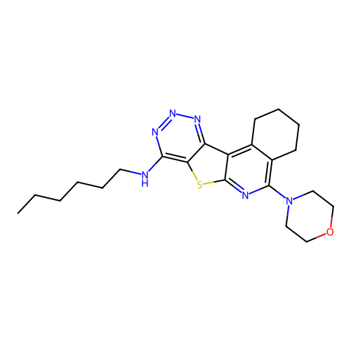 N-hexyl-5-(morpholin-4-yl)-1,2,3,4-tetrahydro[1,2,3]triazino[4',5':4,5]thieno[2,3-c]isoquinolin-8-amine structure