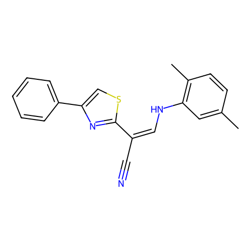 (Z)-3-((2,5-dimethylphenyl)amino)-2-(4-phenylthiazol-2-yl)acrylonitrile structure