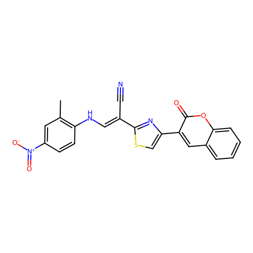 (2E)-3-[(2-methyl-4-nitrophenyl)amino]-2-[4-(2-oxo-2H-chromen-3-yl)-1,3-thiazol-2-yl]prop-2-enenitrile structure