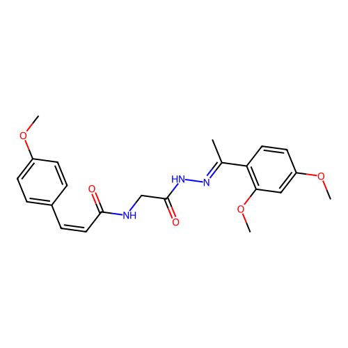 (2Z)-N-(2-{(2E)-2-[1-(2,4-dimethoxyphenyl)ethylidene]hydrazinyl}-2-oxoethyl)-3-(4-methoxyphenyl)prop-2-enamide (non-preferred name) structure