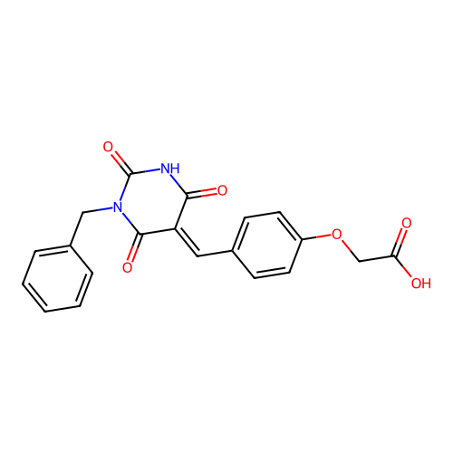 (E)-2-(4-((1-benzyl-2,4,6-trioxotetrahydropyrimidin-5(2H)-ylidene)methyl)phenoxy)acetic acid structure