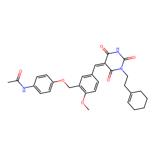 (Z)-N-(4-((5-((1-(2-(cyclohex-1-en-1-yl)ethyl)-2,4,6-trioxotetrahydropyrimidin-5(2H)-ylidene)methyl)-2-methoxybenzyl)oxy)phenyl)acetamide structure