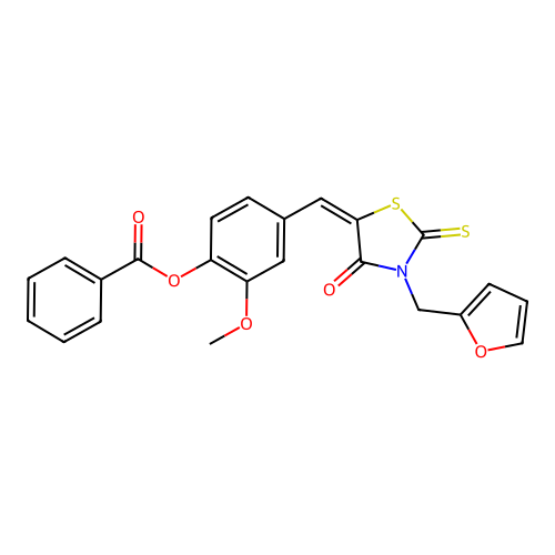 (E)-4-((3-(furan-2-ylmethyl)-4-oxo-2-thioxothiazolidin-5-ylidene)methyl)-2-methoxyphenyl benzoate structure