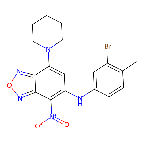 N-(3-bromo-4-methylphenyl)-4-nitro-7-(piperidin-1-yl)-2,1,3-benzoxadiazol-5-amine structure