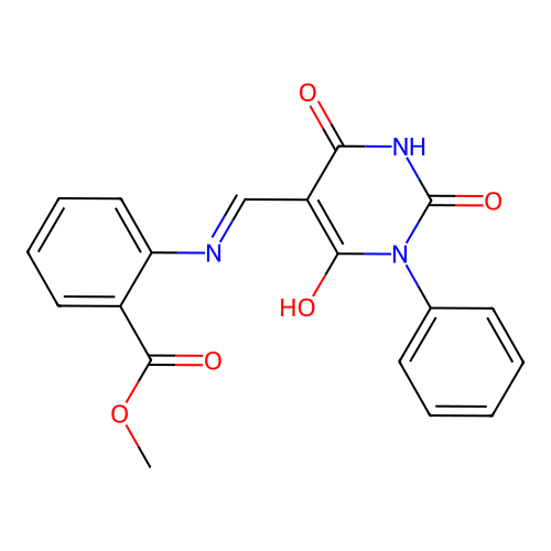 methyl 2-[(2,4,6-trioxo-1-phenyl-1,3-diazinan-5-ylidene)methylamino]benzoate structure