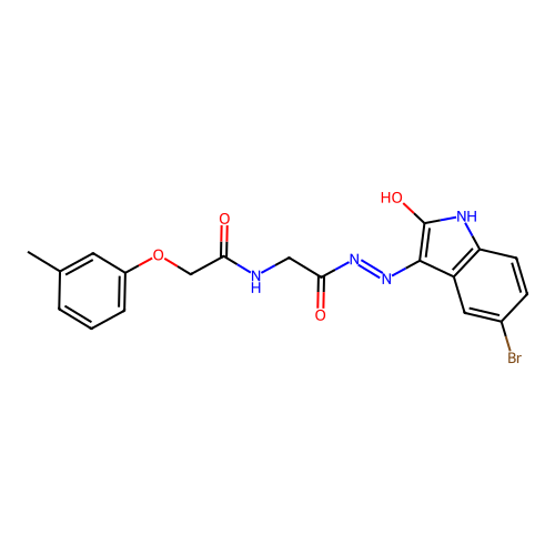 N-[[(5-bromo-2-oxo-indol-3-yl)amino]carbamoylmethyl]-2-(3-methylphenoxy)acetamide structure