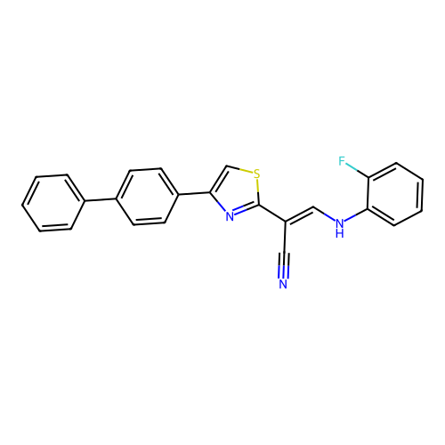 (2E)-2-[4-(biphenyl-4-yl)-1,3-thiazol-2-yl]-3-[(2-fluorophenyl)amino]prop-2-enenitrile structure