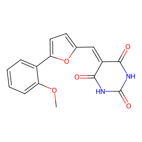(5E)-2,6-dihydroxy-5-{[5-(2-methoxyphenyl)furan-2-yl]methylidene}pyrimidin-4(5H)-one structure