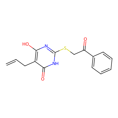 5-Allyl-6-hydroxy-2-(2-oxo-2-phenyl-ethylsulfanyl)-3H-pyrimidin-4-one structure