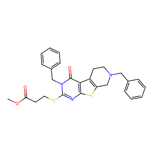 methyl 3-((3,7-dibenzyl-4-oxo-3,4,5,6,7,8-hexahydropyrido[4',3':4,5]thieno[2,3-d]pyrimidin-2-yl)thio)propanoate structure