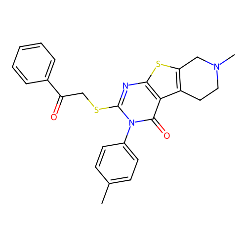 7-methyl-2-((2-oxo-2-phenylethyl)thio)-3-(p-tolyl)-5,6,7,8-tetrahydropyrido[4',3':4,5]thieno[2,3-d]pyrimidin-4(3H)-one structure