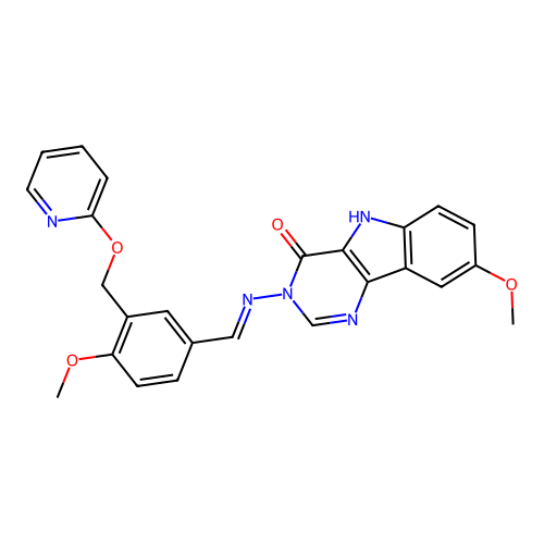 (E)-8-methoxy-3-((4-methoxy-3-((pyridin-2-yloxy)methyl)benzylidene)amino)-3H-pyrimido[5,4-b]indol-4(5H)-one structure
