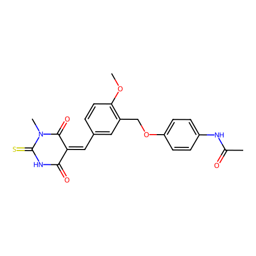 (Z)-N-(4-((2-methoxy-5-((1-methyl-4,6-dioxo-2-thioxotetrahydropyrimidin-5(2H)-ylidene)methyl)benzyl)oxy)phenyl)acetamide structure